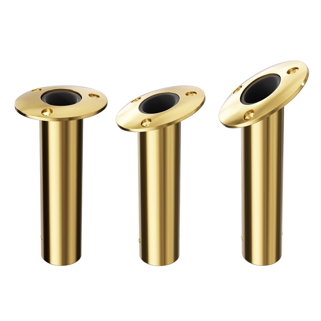 15/30/90 Degree PVD Gold Fishing Rod Holder | 316 Stainless Steel Flush Mount with Cast Flange | Mirror Polished Surface
